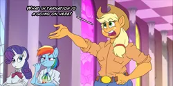 Size: 1768x875 | Tagged: safe, artist:atariboy2600, derpibooru import, applejack, rainbow dash, rarity, anthro, earth pony, pegasus, unicorn, comic:my little toyetic, belt, clothes, comic, female, freckles, hat, image, indoors, nose picking, open mouth, png, talking