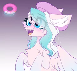 Size: 2726x2495 | Tagged: safe, artist:lazuli0209, derpibooru import, oc, oc:foxyhollows, unofficial characters only, pegasus, pony, beret, blushing, bust, chest fluff, commission, donut, eye clipping through hair, food, gradient background, hat, image, looking up, open mouth, pegasus oc, png, smiling, solo, wings, ych result