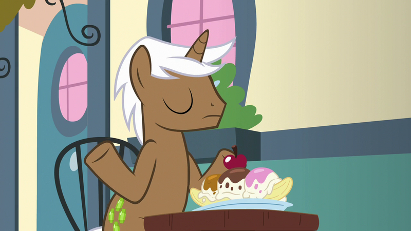 Size: 1280x720 | Tagged: safe, derpibooru import, screencap, mochaccino, rare find, pony, fame and misfortune, food, ice cream, image, male, png, shrug, solo, stallion, sundae