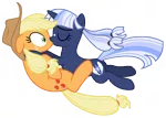 Size: 11133x7950 | Tagged: safe, artist:estories, derpibooru import, applejack, oc, oc:silverlay, original species, pony, absurd resolution, canon x oc, female, image, kissing, lesbian, png, shipping, silverjack, simple background, transparent background, umbra pony, vector