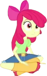 Size: 750x1200 | Tagged: safe, derpibooru import, edit, edited screencap, screencap, apple bloom, human, equestria girls, rainbow rocks, apple bloom's bow, background removed, blurry, boots, bow, clothes, cropped, female, hair bow, image, jeans, looking at something, not a vector, pants, png, rain boots, shirt, shoes, sitting, solo