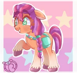 Size: 2048x1944 | Tagged: safe, artist:bunnylabunny, derpibooru import, sunny starscout, earth pony, pony, abstract background, badge, bag, braid, female, floppy ears, g5, g5 to g4, image, jpeg, mare, raised hoof, smiling, solo, stars, unshorn fetlocks