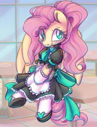 Size: 1908x2480 | Tagged: safe, artist:musicfirewind, derpibooru import, fluttershy, pegasus, pony, clothes, colored pupils, cute, dress, eye clipping through hair, female, fluttermaid, heart eyes, image, jpeg, looking at you, maid, mare, shyabetes, sitting, smiling, smiling at you, solo, spread wings, wingding eyes, wings