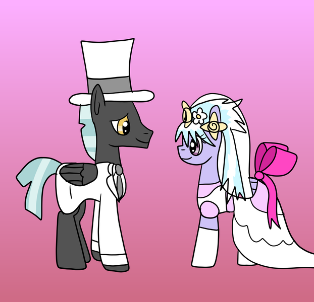 Size: 1244x1200 | Tagged: safe, artist:platinumdrop, derpibooru import, cloudchaser, thunderlane, pegasus, pony, clothes, dress, female, gradient background, hat, image, male, mare, marriage, png, request, shipping, simple background, stallion, straight, thunderchaser, top hat, tuxedo, wedding
