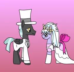 Size: 1244x1200 | Tagged: safe, artist:platinumdrop, derpibooru import, cloudchaser, thunderlane, pegasus, pony, clothes, dress, female, gradient background, hat, image, male, mare, marriage, png, request, shipping, simple background, stallion, straight, thunderchaser, top hat, tuxedo, wedding