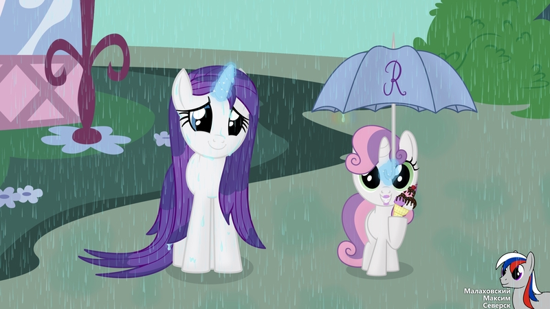 Size: 3840x2160 | Tagged: safe, artist:intelmax89, derpibooru import, rarity, sweetie belle, pony, unicorn, carousel boutique, cute, diasweetes, female, filly, food, ice cream, image, jpeg, rain, raribetes, siblings, sisters, umbrella, wet, wet hairity, wet mane