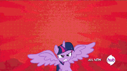 Size: 427x240 | Tagged: safe, derpibooru import, screencap, twilight sparkle, twilight sparkle (alicorn), alicorn, pony, twilight's kingdom, angry, animated, destruction, female, flying, frown, gif, glare, gritted teeth, hub logo, image, intimidating, majestic, mare, rage, solo, spread wings, wings, zoom