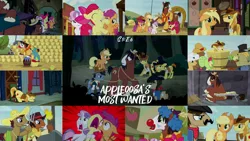 Size: 1982x1115 | Tagged: safe, derpibooru import, edit, edited screencap, editor:quoterific, screencap, apple bloom, apple bumpkin, apple fritter, applejack, blues, braeburn, caramel, cherry cola, cherry fizzy, fetter keys, meadow song, noteworthy, scootaloo, sheriff silverstar, star spur, sweetie belle, trouble shoes, appleoosa's most wanted, apple family member, appleloosa resident, cutie mark crusaders, hay bale, image, pitchfork, png, torch
