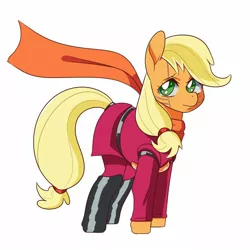 Size: 1600x1600 | Tagged: safe, artist:zettaidullahan, derpibooru import, applejack, earth pony, pony, boots, cape, clothes, cyborg 009, female, image, jpeg, mare, shoes, simple background, white background