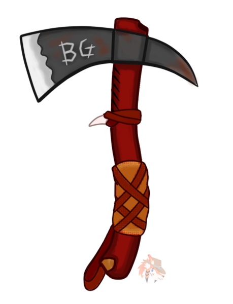 Size: 468x612 | Tagged: safe, artist:firehearttheinferno, derpibooru import, blade, cloth, concept art, concept for a fanfic, craft, engraving, handle, hatchet, image, item, leather, leather straps, metal, no pony, png, red, red wood, rust, signature, simple background, tooth, transparent background, watermark, weapon, wood