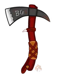 Size: 468x612 | Tagged: safe, artist:firehearttheinferno, derpibooru import, blade, cloth, concept art, concept for a fanfic, craft, engraving, handle, hatchet, image, item, leather, leather straps, metal, no pony, png, red, red wood, rust, signature, simple background, tooth, transparent background, watermark, weapon, wood