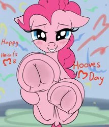 Size: 3600x4200 | Tagged: suggestive, artist:littlenaughtypony, derpibooru import, pinkie pie, earth pony, pony, blushing, commission, female, fetish, frog (hoof), hearts and hooves day, hoof fetish, hoofbutt, image, jpeg, looking at you, smiling, solo, teeth, underhoof, your character here