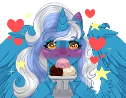 Size: 1024x793 | Tagged: safe, artist:dranconiusadrill, derpibooru import, oc, oc:fleurbelle, unofficial characters only, alicorn, pony, alicorn oc, blushing, female, food, heart, heart eyes, hoof hold, horn, ice cream, image, mare, png, simple background, solo, sparkles, stars, transparent background, wingding eyes, wings, yellow eyes