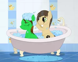 Size: 2547x2027 | Tagged: safe, artist:dyonys, derpibooru import, oc, oc:lucky brush, oc:night chaser, earth pony, pony, bath, bathroom, bathtub, bubble bath, claw foot bathtub, female, freckles, husband and wife, image, luckychaser, male, mare, married couples doing married things, png, rubber duck, scar, stallion, washing hair, water, wet, wet mane