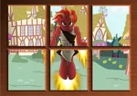 Size: 3436x2428 | Tagged: source needed, safe, artist:niban-destikim, derpibooru import, oc, oc:pyro, anthro, fire, flying, house, image, png, ponyville, this will end in tears, window