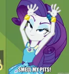 Size: 600x644 | Tagged: safe, derpibooru import, edit, edited screencap, screencap, rarity, equestria girls, equestria girls series, holidays unwrapped, spoiler:eqg series (season 2), armpits, arms in the air, caption, geode of shielding, image, image macro, jpeg, magical geodes, memeful.com, o come all ye squashful, rarity peplum dress, text