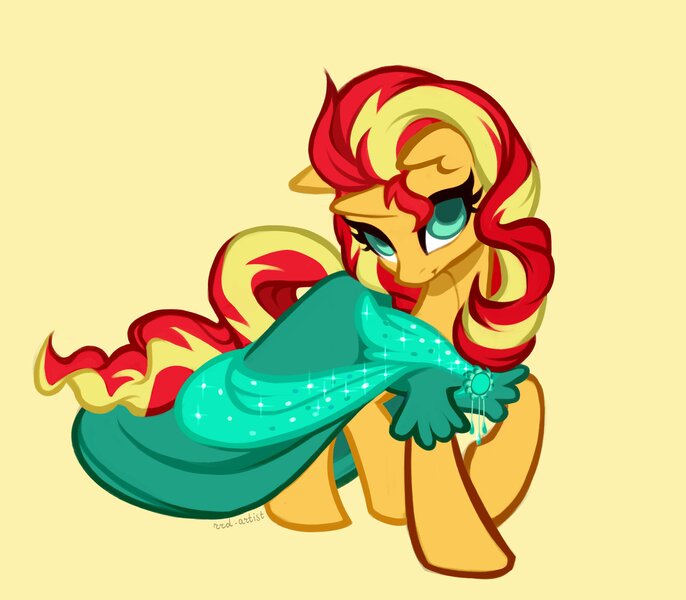 Size: 4000x3500 | Tagged: safe, artist:rrd-artist, derpibooru import, sunset shimmer, pony, unicorn, alternate hairstyle, clothes, dress, image, jpeg, looking at you, solo