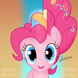 Size: 1500x1500 | Tagged: safe, artist:archooves, derpibooru import, pinkie pie, earth pony, pony, the last problem, 2010, 2010s, 2020, cute, derpibooru exclusive, female, happy birthday mlp:fim, image, looking at you, mlp fim's tenth anniversary, older, older pinkie pie, open mouth, png, rainbow power, smiling, solo, two sides