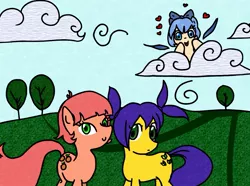 Size: 995x739 | Tagged: artist needed, safe, derpibooru import, ponified, earth pony, fairy, fairy pony, original species, pony, cirno, cloud, cute, female, heart, image, jpeg, mare, momo-tan, scenery, touhou, tree, trio, trio female, unyl-chan