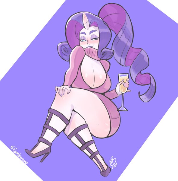 Size: 1398x1420 | Tagged: suggestive, artist:eymbeeyo, derpibooru import, rarity, human, alcohol, big breasts, blushing, breasts, busty rarity, champagne, champagne glass, cleavage, clothes, crossed legs, female, high heels, horn, horned humanization, huge breasts, humanized, image, jpeg, open-chest sweater, pony coloring, shoes, solo, solo female, stiletto heels, sweater, thighs, thunder thighs, wine