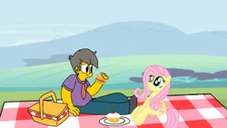 Size: 900x506 | Tagged: safe, artist:haileykitty69, derpibooru import, fluttershy, cake, crossover, crossover shipping, fluttermour, food, image, picnic, png, sandwich, seymour skinner, shipping, the simpsons