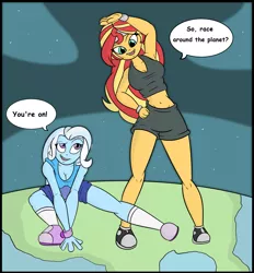 Size: 2317x2500 | Tagged: safe, artist:kyudude, derpibooru import, sunset shimmer, trixie, human, equestria girls, arm between legs, belly button, blue bottomwear, blue skin, blue topwear, breasts, cleavage, clothes, duo, duo female, earth, female, giant human, giantess, grey bottomwear, grey topwear, gym shorts, happy, image, jogging, macro, png, purple eyes, raised eyebrow, shoes, shorts, smiling, sneakers, socks, sports, sports bra, sports shorts, talking, tomboy, two toned footwear, two toned hair, warming up, yellow skin