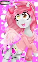 Size: 1080x1770 | Tagged: safe, artist:juliet-gwolf18, derpibooru import, oc, unofficial characters only, alicorn, pony, abstract background, alicorn oc, clothes, devil horns, heart eyes, heterochromia, hoodie, horn, image, looking at you, open mouth, png, raised hoof, smiling, solo, wingding eyes, wings