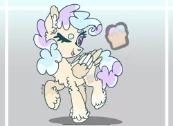 Size: 2279x1668 | Tagged: safe, artist:caramelbolt24, derpibooru import, oc, unofficial characters only, pegasus, pony, abstract background, chest fluff, ear fluff, eyelashes, image, jpeg, looking back, magical lesbian spawn, offspring, one eye closed, parent:fluttershy, parent:pinkie pie, parents:flutterpie, pegasus oc, raised hoof, reference sheet, signature, solo, story included, transgender, two toned wings, unshorn fetlocks, wings, wink