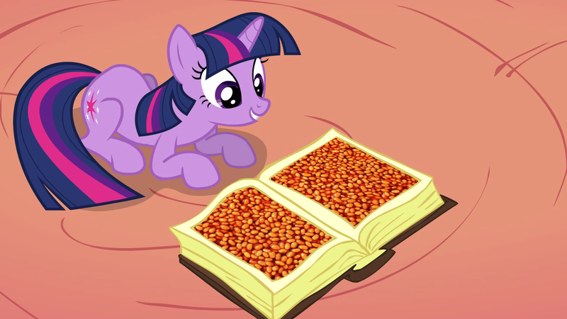 Size: 1920x1080 | Tagged: safe, derpibooru import, edit, edited screencap, editor:i-shooped-a-pwny, screencap, twilight sparkle, pony, unicorn, the return of harmony, beans, book, exploitable meme, female, food, golden oaks library, image, jewelry, library, lying down, meme, png, prone, solo, twilights book meme, unicorn twilight