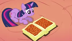 Size: 1920x1080 | Tagged: safe, derpibooru import, edit, edited screencap, editor:i-shooped-a-pwny, screencap, twilight sparkle, pony, unicorn, the return of harmony, beans, book, exploitable meme, female, food, golden oaks library, image, jewelry, library, lying down, meme, png, prone, solo, twilights book meme, unicorn twilight