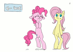 Size: 717x513 | Tagged: safe, artist:bikkisu, derpibooru import, fluttershy, pinkie pie, earth pony, pegasus, pony, animated, bipedal, duo, duo female, eyes closed, female, floppy ears, frame by frame, gif, image, need to pee, no pupils, potty dance, potty time, squigglevision