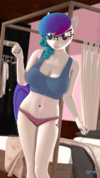 Size: 320x569 | Tagged: suggestive, artist:anthroponiessfm, derpibooru import, oc, oc:aurora starling, anthro, 3d, adorasexy, animated, anthro oc, arm behind head, armpits, belly button, bouncing, bouncing breasts, breasts, clothes, cute, dancing, female, gif, glasses, heterochromia, image, looking at you, loop, panties, sexy, shirt, solo, solo female, source filmmaker, underwear, wiggle, wiggling