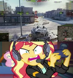 Size: 817x864 | Tagged: safe, artist:edy_january, derpibooru import, edit, edited screencap, screencap, fluttershy, sunset shimmer, equestria girls, equestria girls series, game stream, spoiler:eqg series (season 2), comparison, duo, duo female, female, heavy tank, image, kv-4, meme, online game, open mouth, png, streaming, sunset shimmer frustrated at game, tank (vehicle), tell me what you need, video game, world of tanks, world of tanks blitz