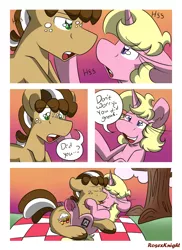 Size: 2543x3496 | Tagged: safe, artist:rosexknight, derpibooru import, oc, oc:short fry, oc:whip up, earth pony, pony, unicorn, comic:cherry bomb, chubby, comic, cuddling, dialogue, image, kissing, outdoors, picnic blanket, png, speech bubble, tree, whort