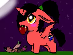 Size: 2048x1536 | Tagged: safe, artist:artmama113, derpibooru import, oc, oc:yaoilover, unofficial characters only, alicorn, bat pony, bat pony alicorn, pony, apple, bat pony oc, bat wings, blushing, fangs, female, filly, food, full moon, horn, image, jpeg, moon, mouth hold, night, signature, solo, wings