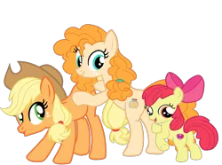 Size: 1570x1168 | Tagged: safe, artist:gmaplay, derpibooru import, apple bloom, applejack, pear butter, earth pony, pony, apple family member, applejack's hat, bloom butt, bow, butt, butt touch, cowboy hat, female, hat, hoof on butt, image, open mouth, plot, png, simple background, transparent background, trio, trio female, vector