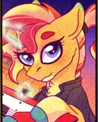 Size: 320x399 | Tagged: safe, alternate version, artist:miserisyt, artist:shootingstaryt, derpibooru import, sunset shimmer, pony, unicorn, bust, clothes, colored hooves, female, glowing horn, horn, image, jpeg, magic, mare, solo, telekinesis