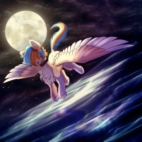 Size: 4300x4300 | Tagged: safe, artist:tuzz-arts, derpibooru import, oc, unofficial characters only, pegasus, pony, chest fluff, choker, colored hooves, colored wings, femboy, full moon, image, jpeg, lipstick, male, moon, night, night sky, nonbinary, pegasus oc, pony oc, sky, solo, transgender, trap, wings