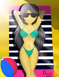 Size: 2241x2919 | Tagged: suggestive, artist:danielitamlp, derpibooru import, oc, oc:danielita, unofficial characters only, equestria girls, arm behind head, armpits, beach ball, beach towel, belly button, bikini, breasts, clothes, equestria girls-ified, female, image, jpeg, not daring do, smiling, solo, solo female, sunbathing, sunglasses, swimsuit, towel, underass