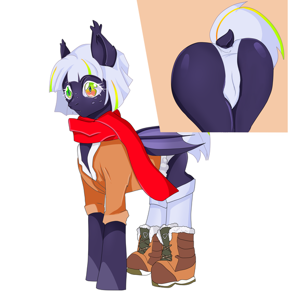 Size: 2900x2900 | Tagged: suggestive, alternate version, artist:onyxflexer, derpibooru import, oc, oc:moon silver, unofficial characters only, bat pony, pony, boots, clothes, coat, commission, female, image, mare, panties, png, scarf, shoes, simple background, solo, solo female, underwear, white background, winter