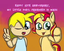 Size: 3000x2400 | Tagged: safe, artist:saburodaimando, derpibooru import, sunset shimmer, oc, oc:wanda young, pony, bipedal, child, female, filly, filly sunset shimmer, happy birthday mlp:fim, image, mlp fim's tenth anniversary, peace sign, png, tongue out, younger