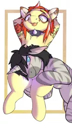 Size: 700x1210 | Tagged: safe, artist:cokesleeve, derpibooru import, oc, oc:red ink, unicorn, zebra, choker, collar, duo, female, head on lap, headband, image, jpeg, lying down, male, piercing, possessive, shipping, simple background, spiked collar, straight, tattoo, tongue out, tongue piercing