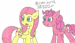 Size: 1343x767 | Tagged: safe, artist:cmara, derpibooru import, fluttershy, pinkie pie, earth pony, pegasus, pony, duo, female, image, jpeg, mare, open mouth, simple background, traditional art, white background