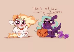 Size: 2048x1448 | Tagged: safe, artist:shore2020, derpibooru import, daybreaker, princess celestia, princess luna, alicorn, pony, chibi, clothes, costume, dialogue, duo, fake cutie mark, female, halloween, halloween costume, holiday, image, jack-o-lantern, jewelry, jpeg, lidded eyes, mare, pumpkin, regalia, simple background, sitting, tape, tiara, tongue out, wig