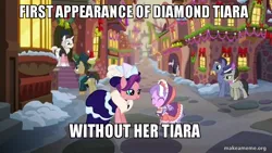 Size: 800x450 | Tagged: safe, derpibooru import, edit, edited screencap, screencap, baroque cloak, diamond tiara, doctor whooves, octavia melody, spoiled rich, time turner, unnamed character, unnamed pony, pony, a hearth's warming tail, background pony, caption, cute, diamondbetes, female, image, image macro, jpeg, male, meme, missing accessory, mother and child, mother and daughter, sherlock holmes, stallion, text