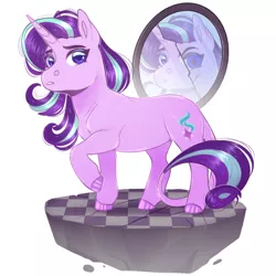 Size: 1080x1080 | Tagged: safe, artist:sadelinav, derpibooru import, starlight glimmer, pony, unicorn, broken mirror, duality, evil starlight, female, floating island, image, looking at you, mare, mirror, png, raised hoof, simple background, solo, standing, white background