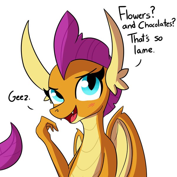 Size: 4096x4096 | Tagged: safe, artist:tjpones, derpibooru import, smolder, dragon, blatant lies, blushing, denial, dragoness, fangs, female, image, jpeg, simple background, smoldere, solo, talking to viewer, tsundere, white background