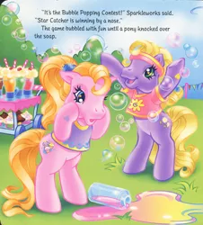 Size: 1280x1419 | Tagged: safe, artist:heckyeahponyscans, artist:lyn fletcher, derpibooru import, official, cupcake (g3), daisyjo, earth pony, pony, bipedal, bubble, cart, clothes, cupcake, decoration, drink, ear down, flower, food, g3, happy, headband, image, implied sparkleworks, implied star catcher, jpeg, liquid soap, mini flags, open mouth, pole, pony field day, ponytail, popping, sad, scan, scrunchie, shocked, shocked expression, soap, soda, spilled, straw, t-shirts
