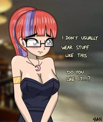 Size: 1492x1758 | Tagged: safe, artist:banquo0, derpibooru import, moondancer, human, armband, bare shoulders, blushing, breasts, busty moondancer, cleavage, clothes, dress, embarrassed, glasses, humanized, image, jewelry, jpeg, lidded eyes, necklace, solo, strapless, text