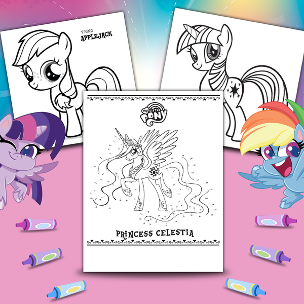 Size: 1080x1080 | Tagged: safe, derpibooru import, official, applejack, princess celestia, rainbow dash, twilight sparkle, twilight sparkle (alicorn), alicorn, earth pony, pegasus, pony, unicorn, my little pony: pony life, bringhomethefun, coloring page, crayon, female, filly, filly applejack, image, one eye closed, open mouth, png, unicorn twilight, wink, younger